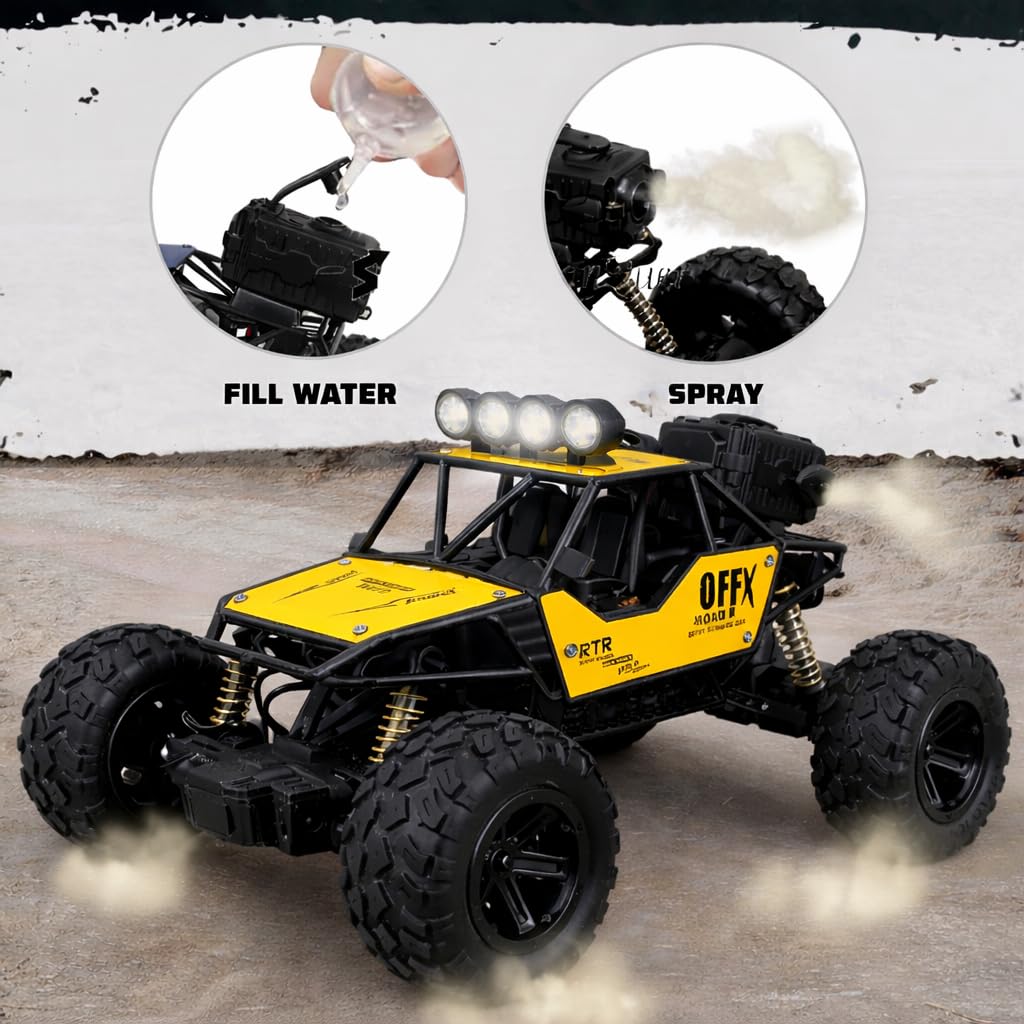 Yellow and black off-road vehicle with water spray feature on a concrete surface.