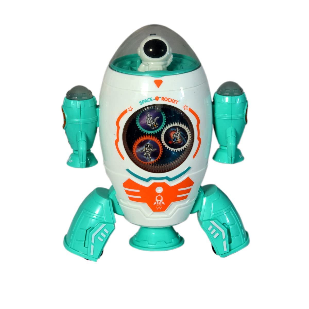 Toy robot with teal and white design on a white background