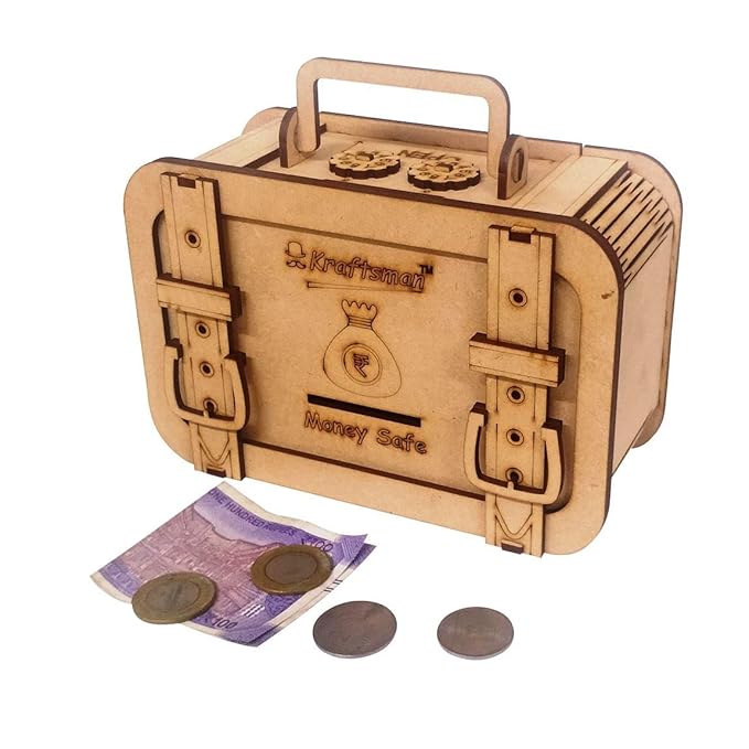 Wooden money safe with coins and banknotes on a white background