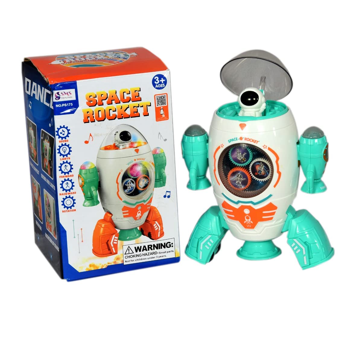 Toy robot with space rocket design next to its packaging on a white background