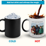 Two mugs, one with ice and the other with a family photo, showing how the contents change when heated.