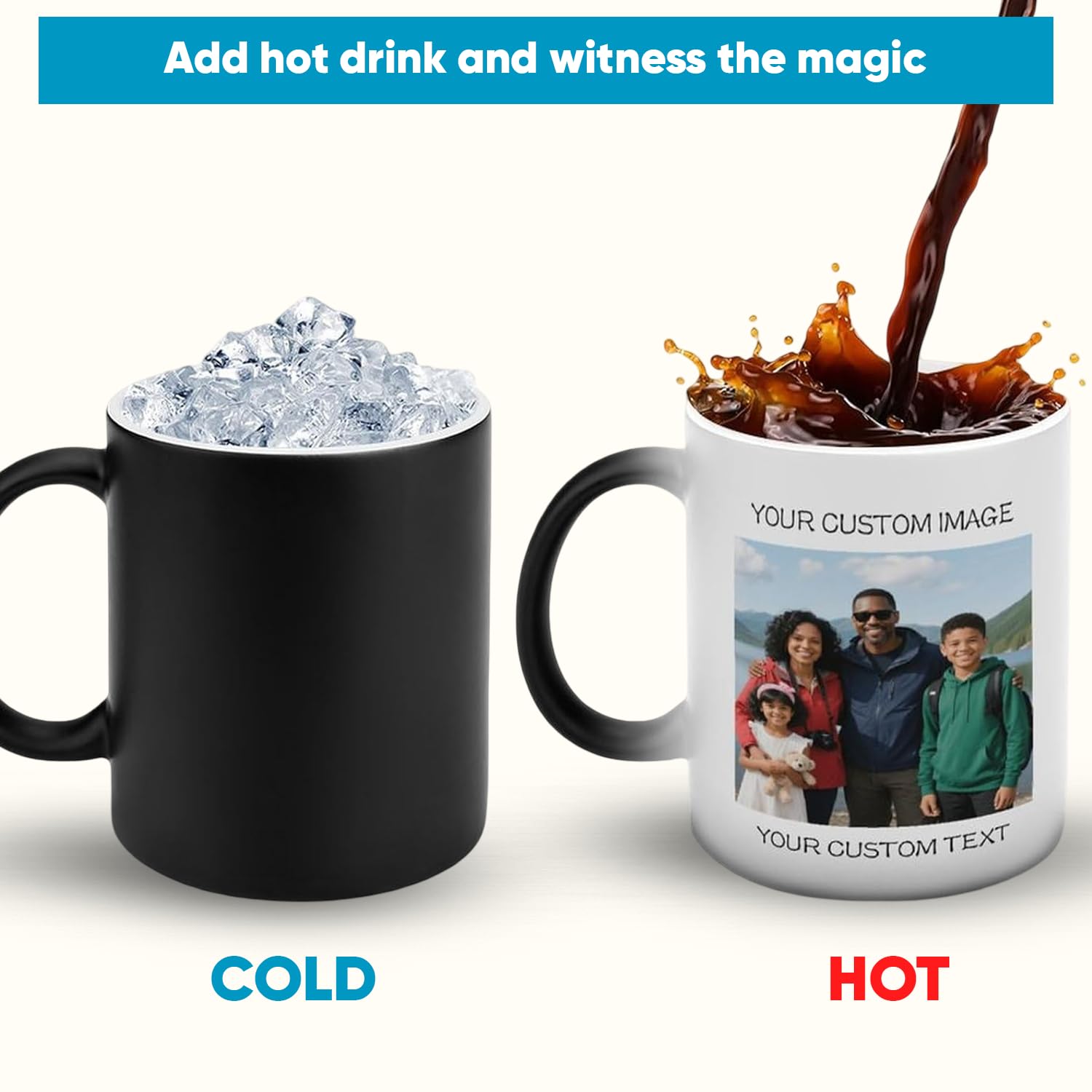 Two mugs, one with ice and the other with a family photo, showing how the contents change when heated.