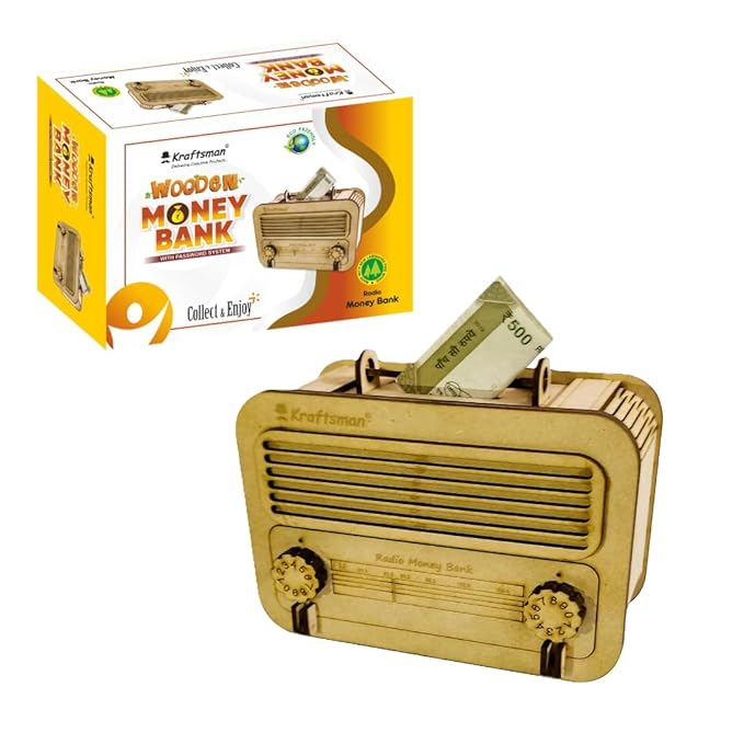 Wooden money bank shaped like a radio with Kraftman branding, next to its packaging.