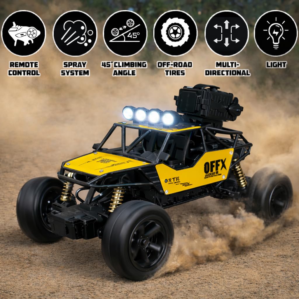 Toy off-road vehicle with features highlighted on a desert background