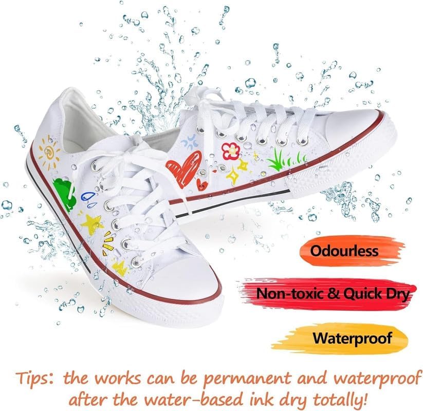 White sneakers with colorful designs and water splashes, featuring text on properties.