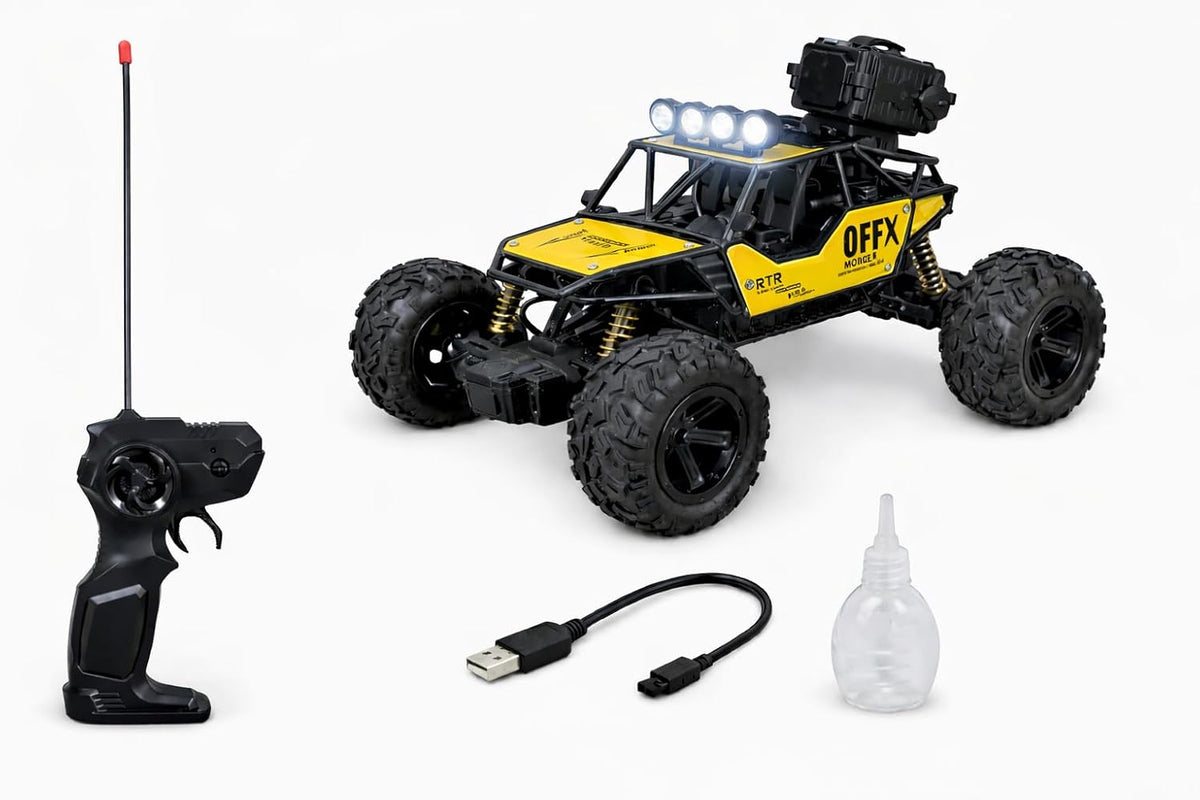 Yellow and black remote control off-road vehicle with accessories on a white background