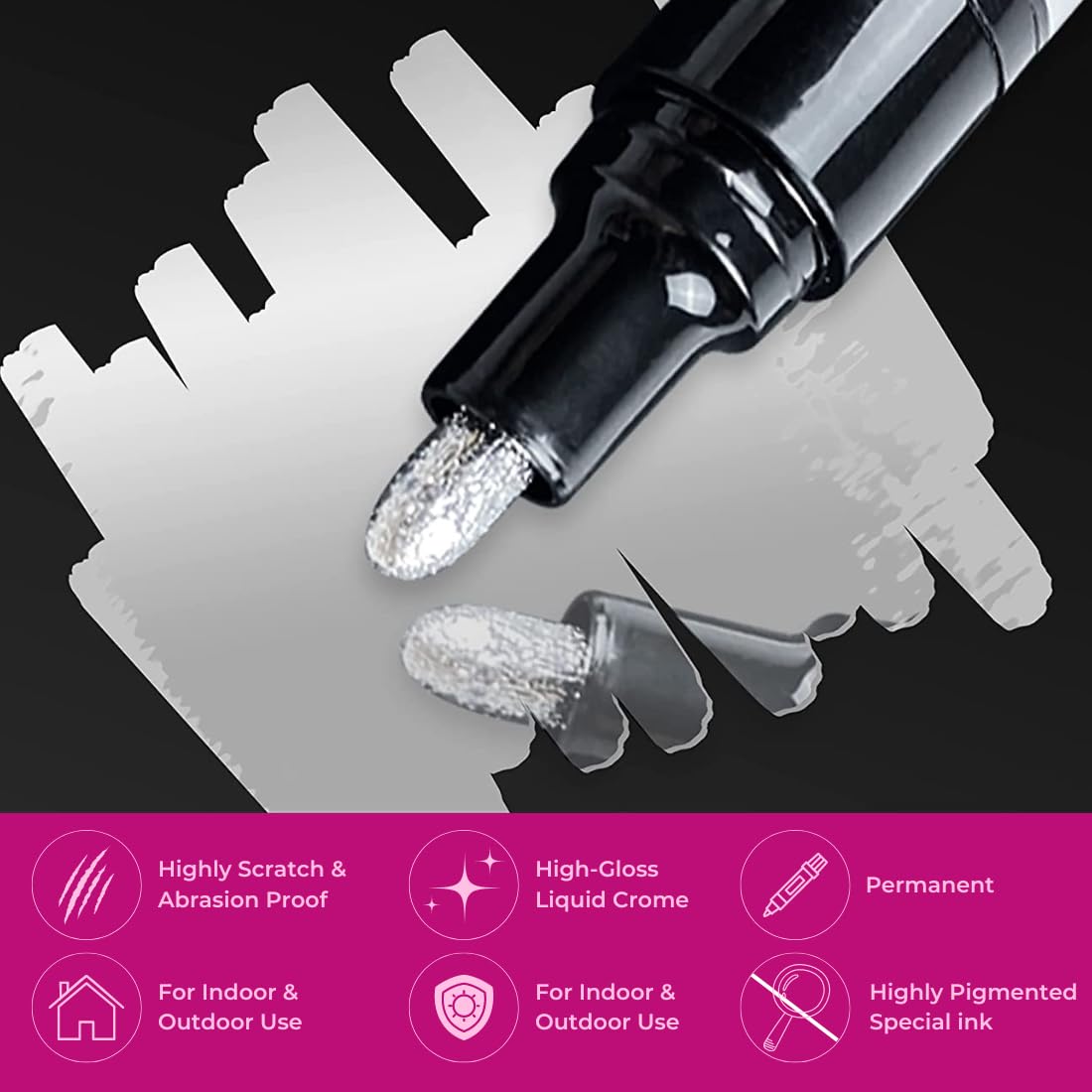 Black ink cartridge dispensing silver ink onto a white surface with product features listed below.