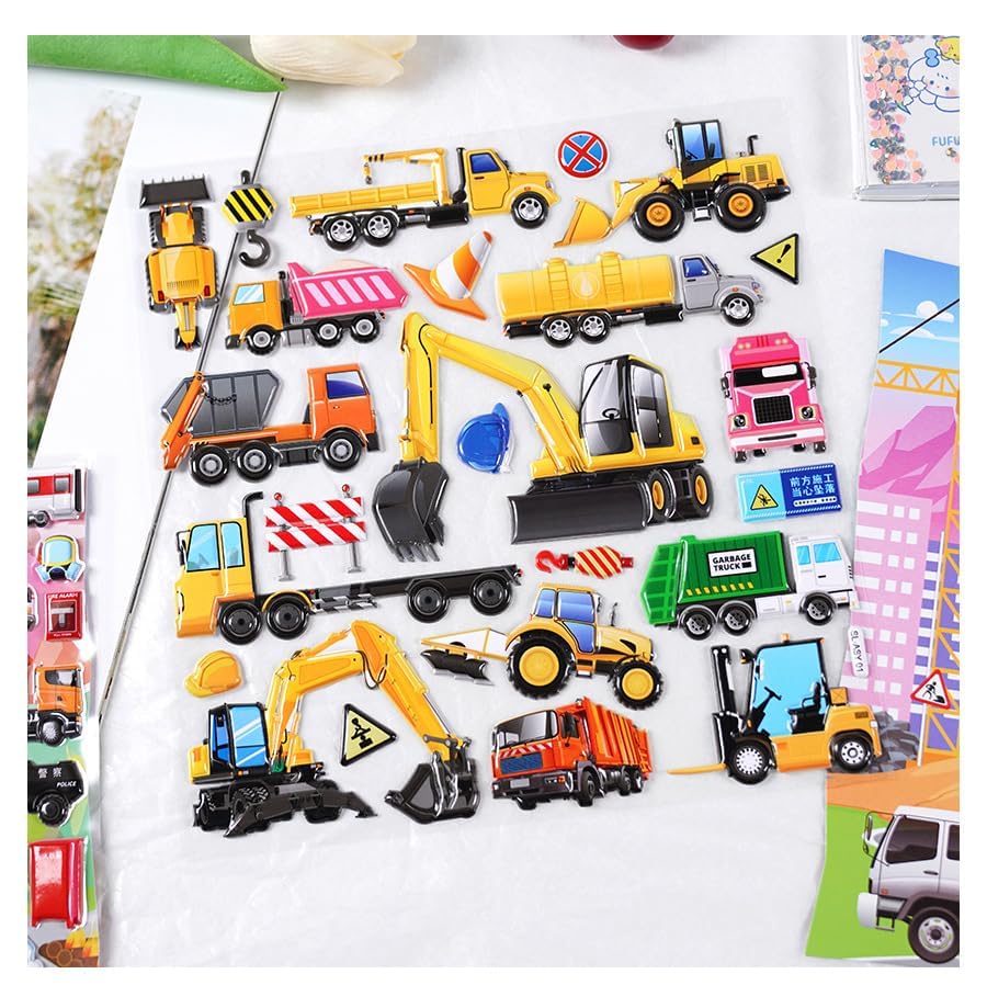 Collection of colorful construction vehicle stickers on a white background