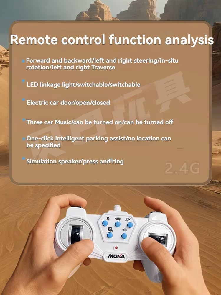 Remote control with text detailing its functions against a desert landscape background