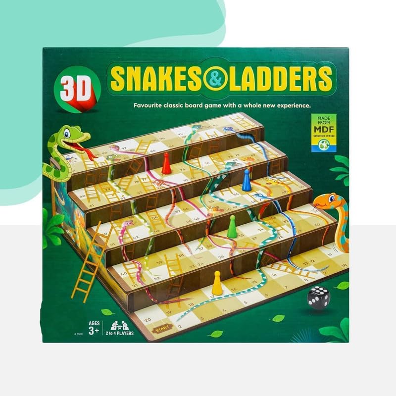 3D Snakes and Ladders game box with snakes, ladders, and dice on a green background