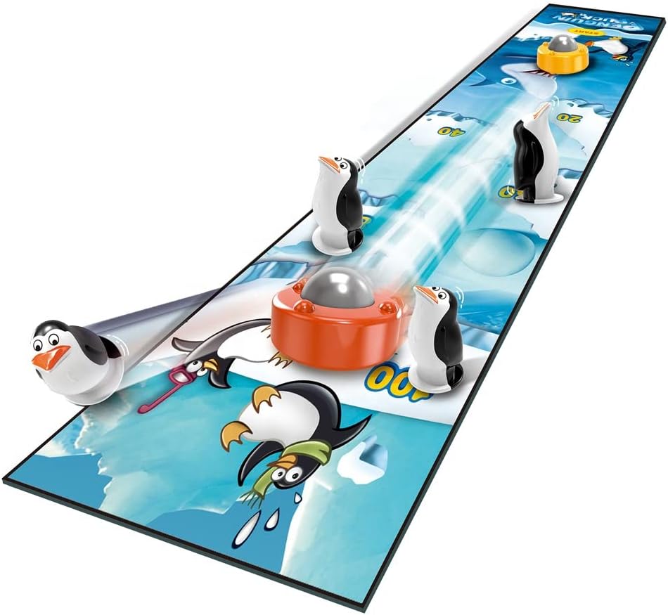 Penguin-themed game mat with penguins and a ball on a white background