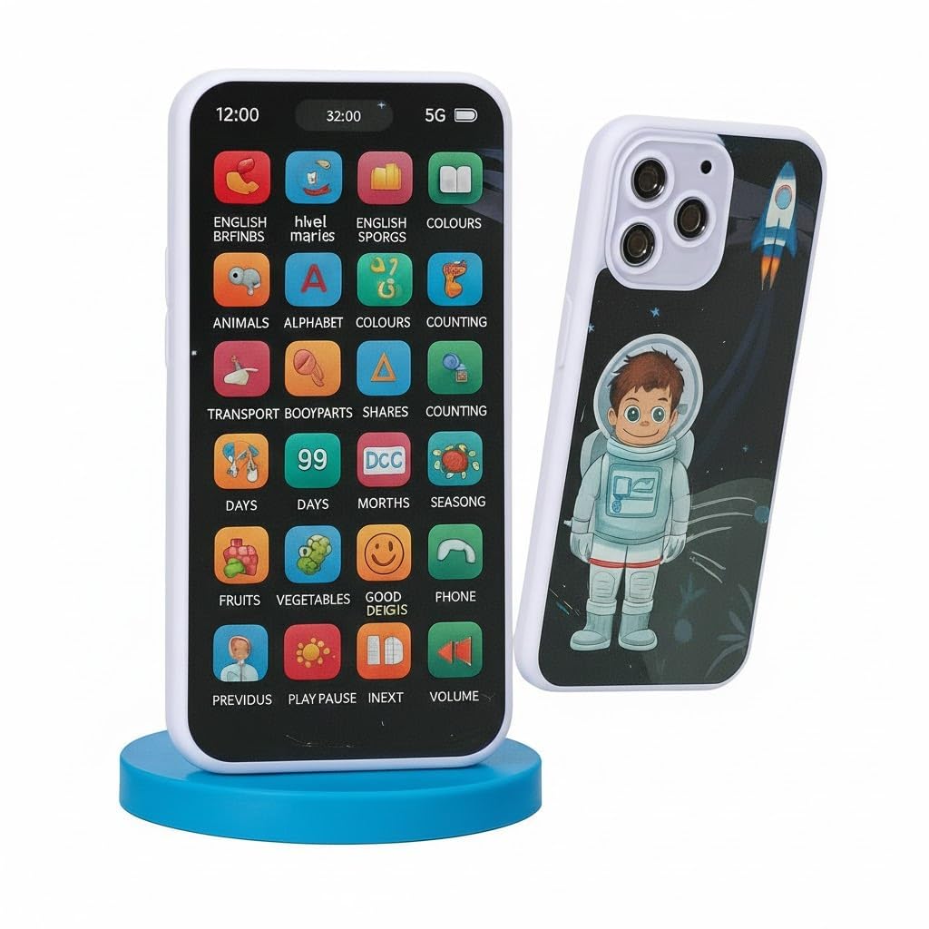 Phone case with educational app interface and astronaut design on a white background