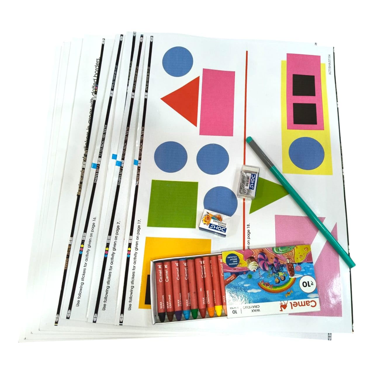 Assorted art supplies including crayons, markers, and a coloring book on a white background