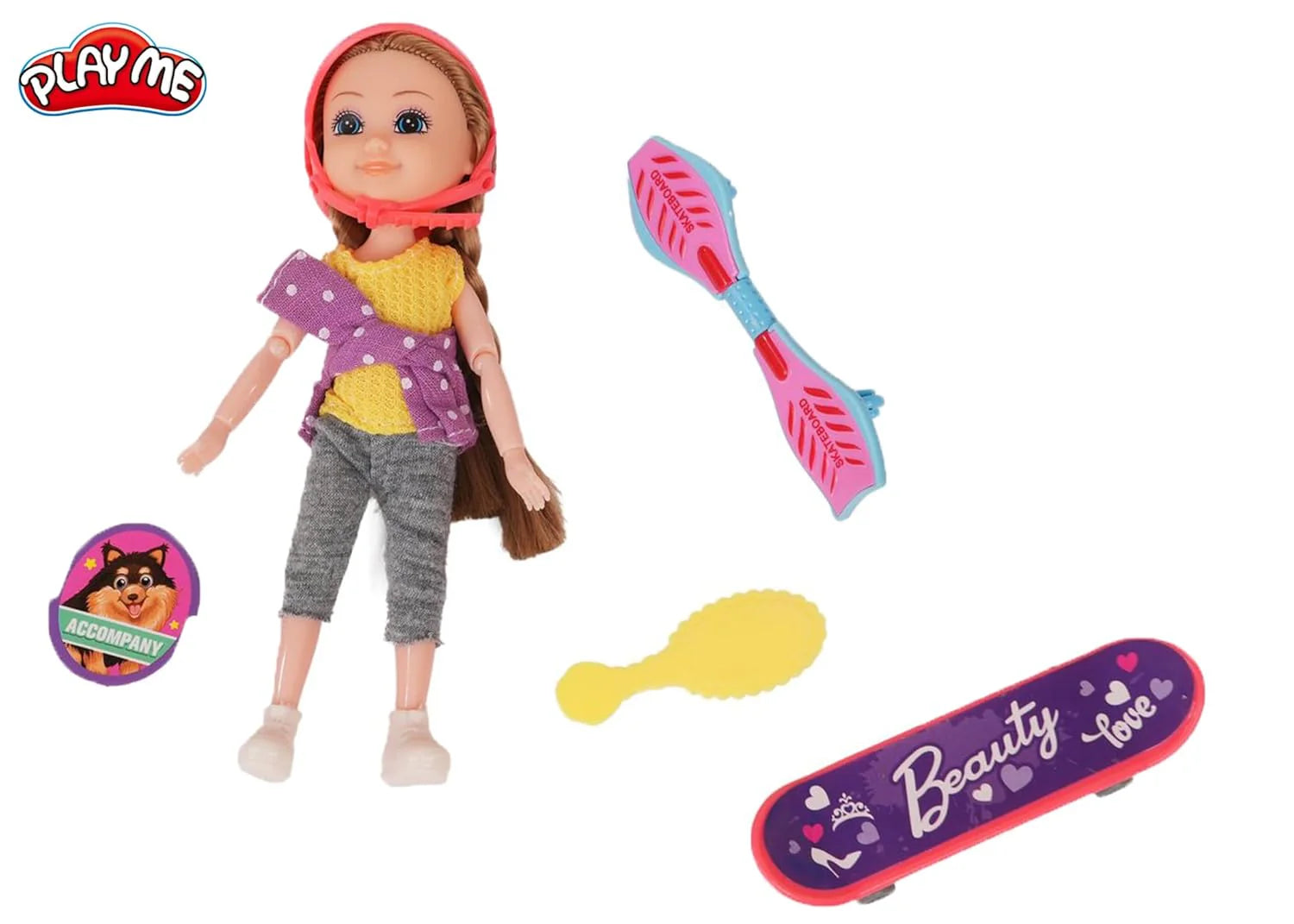 Toy doll with accessories on a white background, featuring the PlayMe brand.