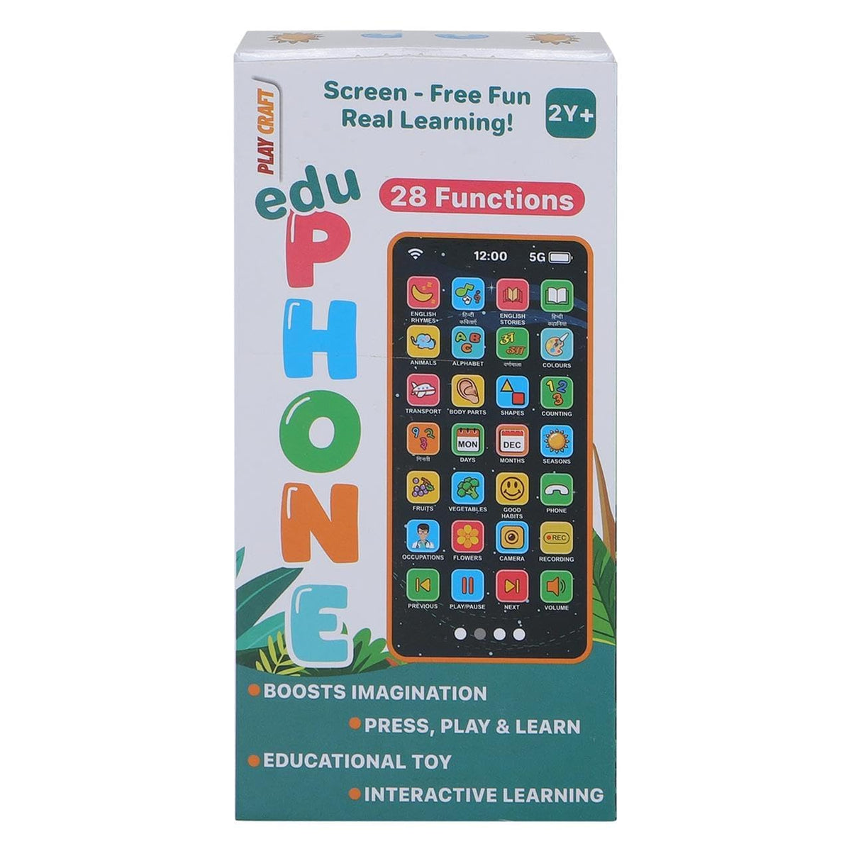 Box of a toy phone with colorful buttons and educational text on a white background