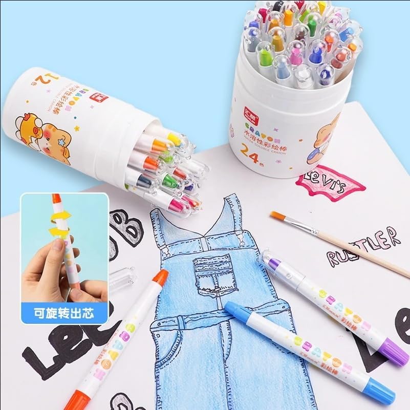Colorful markers with a container, drawing of overalls, and close-up of a marker on a light blue background.
