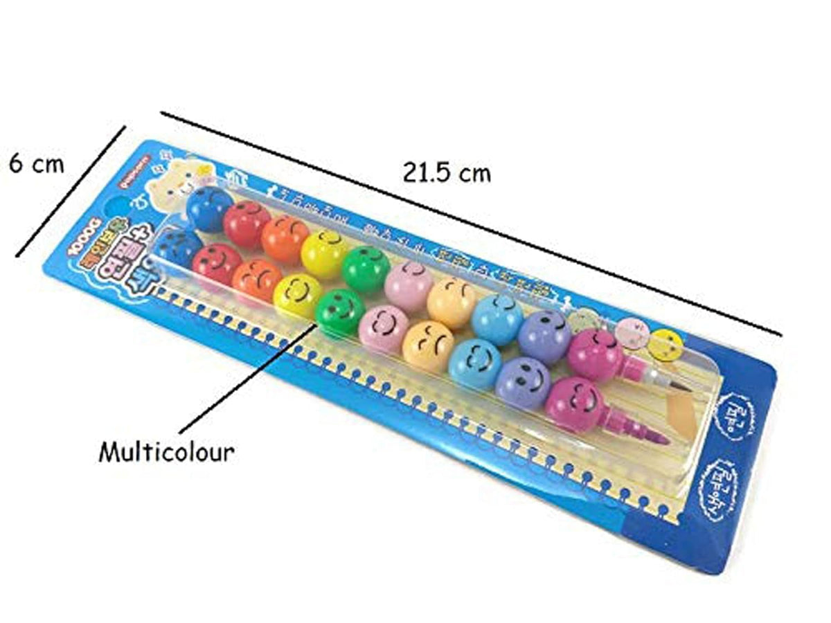 Set of colorful cartoon face markers with packaging, showing dimensions and multicolor feature.