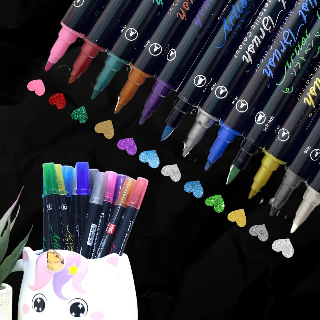 Set of colorful markers with a unicorn-shaped holder on a black background