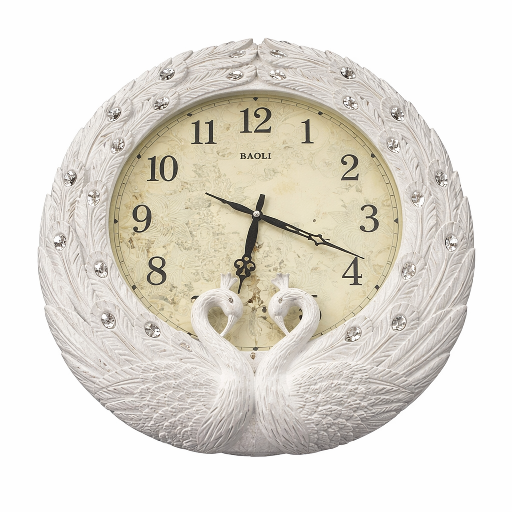 Decorative wall clock with swan design on a white background