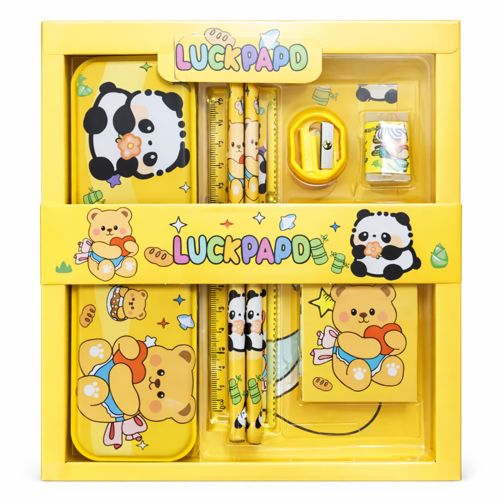 Yellow stationery set with cartoon characters in a box labeled 'LUCKPADO'.