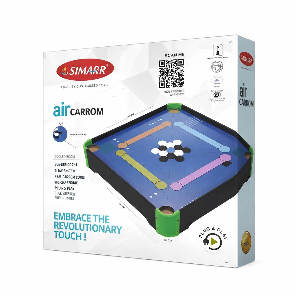 Box of Simarr air Carrom toy on a white background