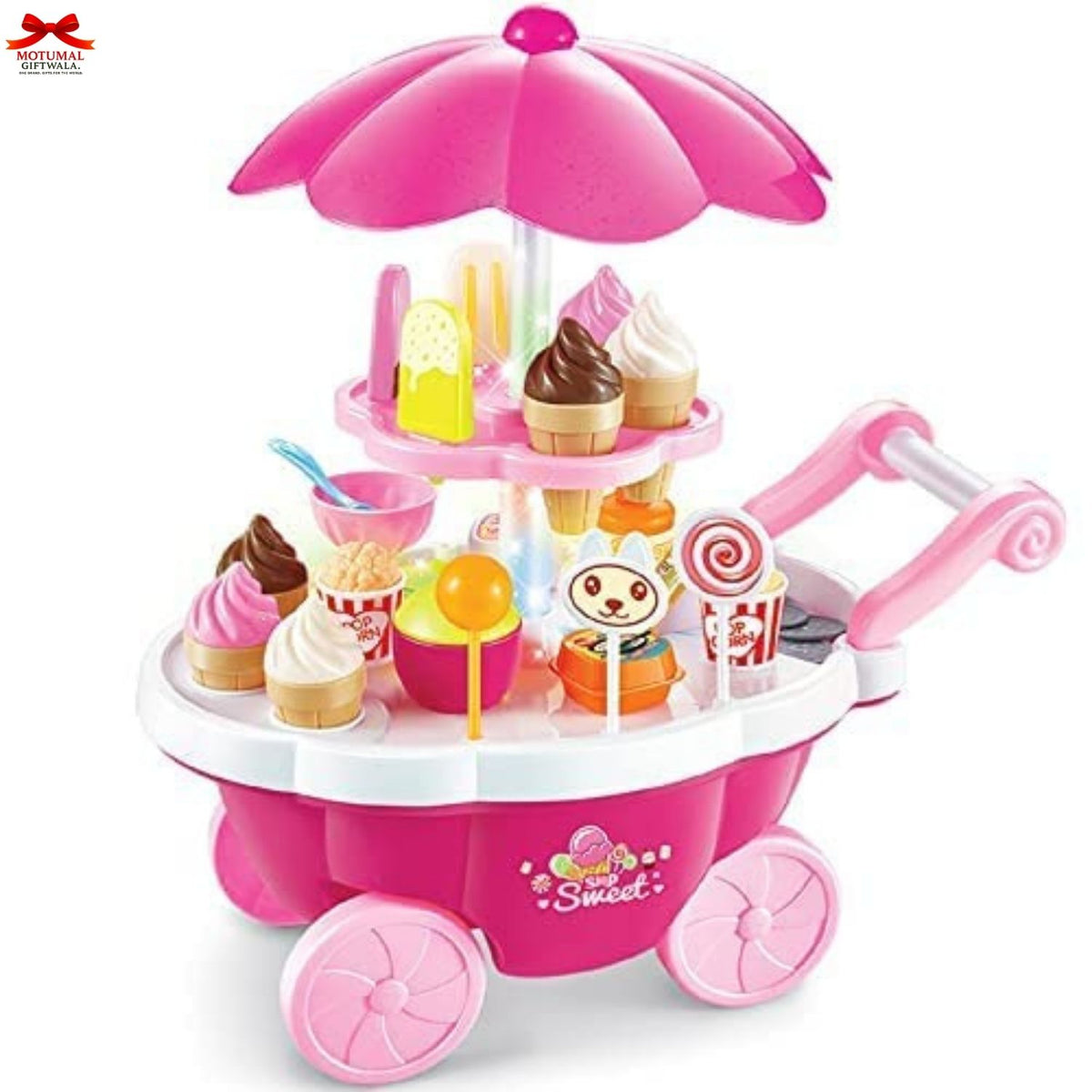 Toy ice cream cart with various toy ice cream cones and treats on a white background