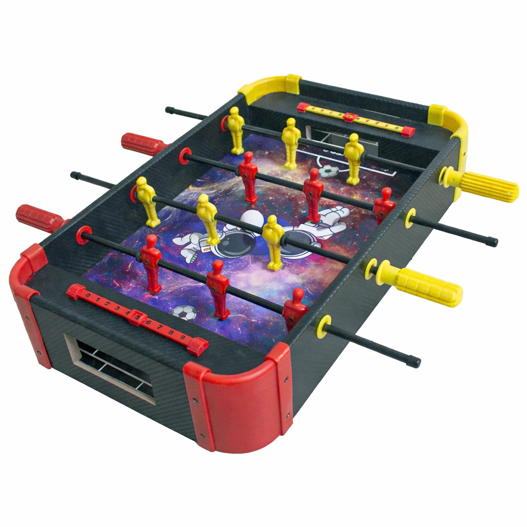 Tabletop foosball game with red, yellow, and blue figures on a white background