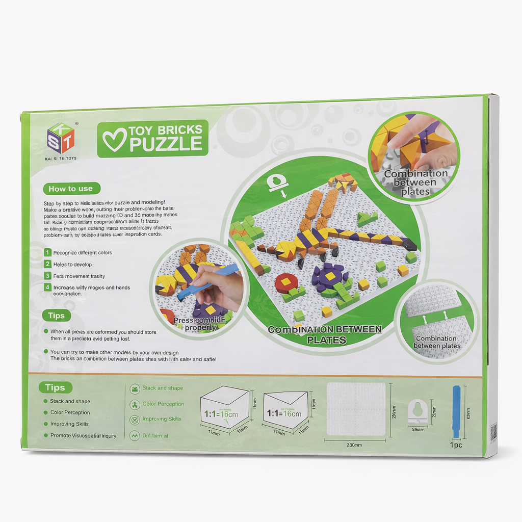 Toy bricks puzzle packaging with instructions and illustrations on a white background