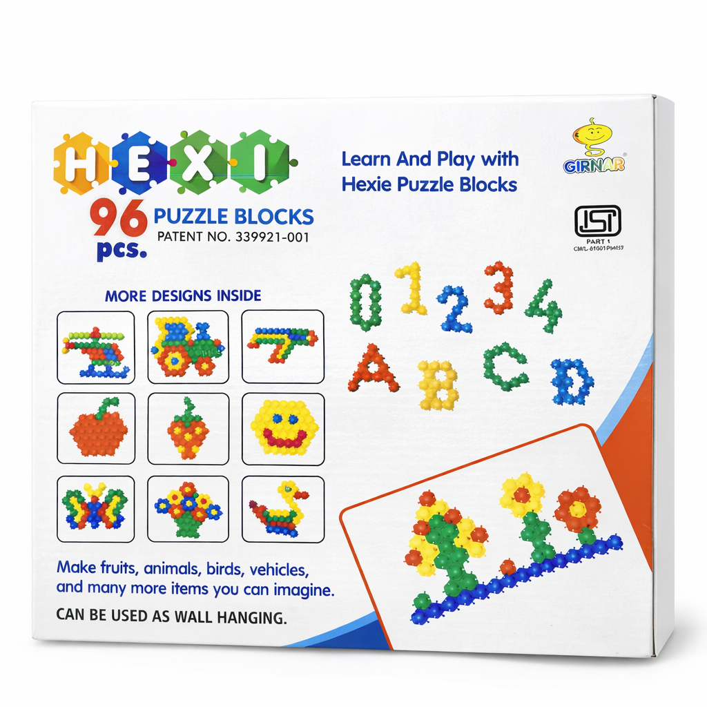 Hexie puzzle blocks packaging with colorful designs and text on a white background