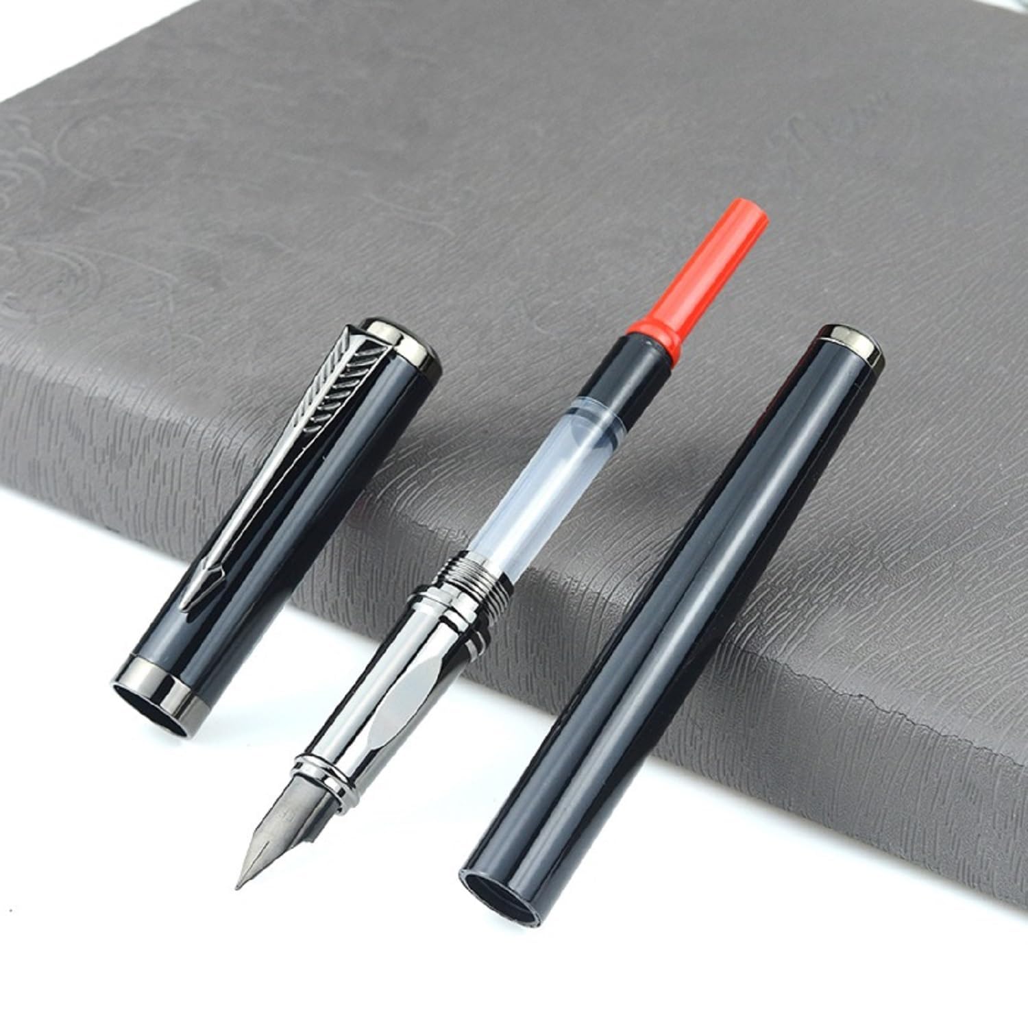 Fountain pen with black and silver accents on a textured gray surface