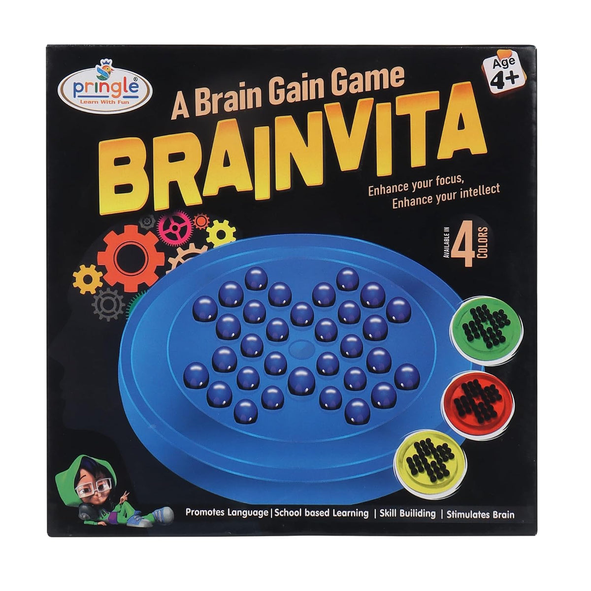 Box of Brainvita game by Pringle with blue board and colorful pegs on a black background