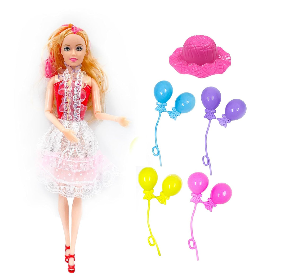 Doll with colorful balloons and a pink hat on a white background