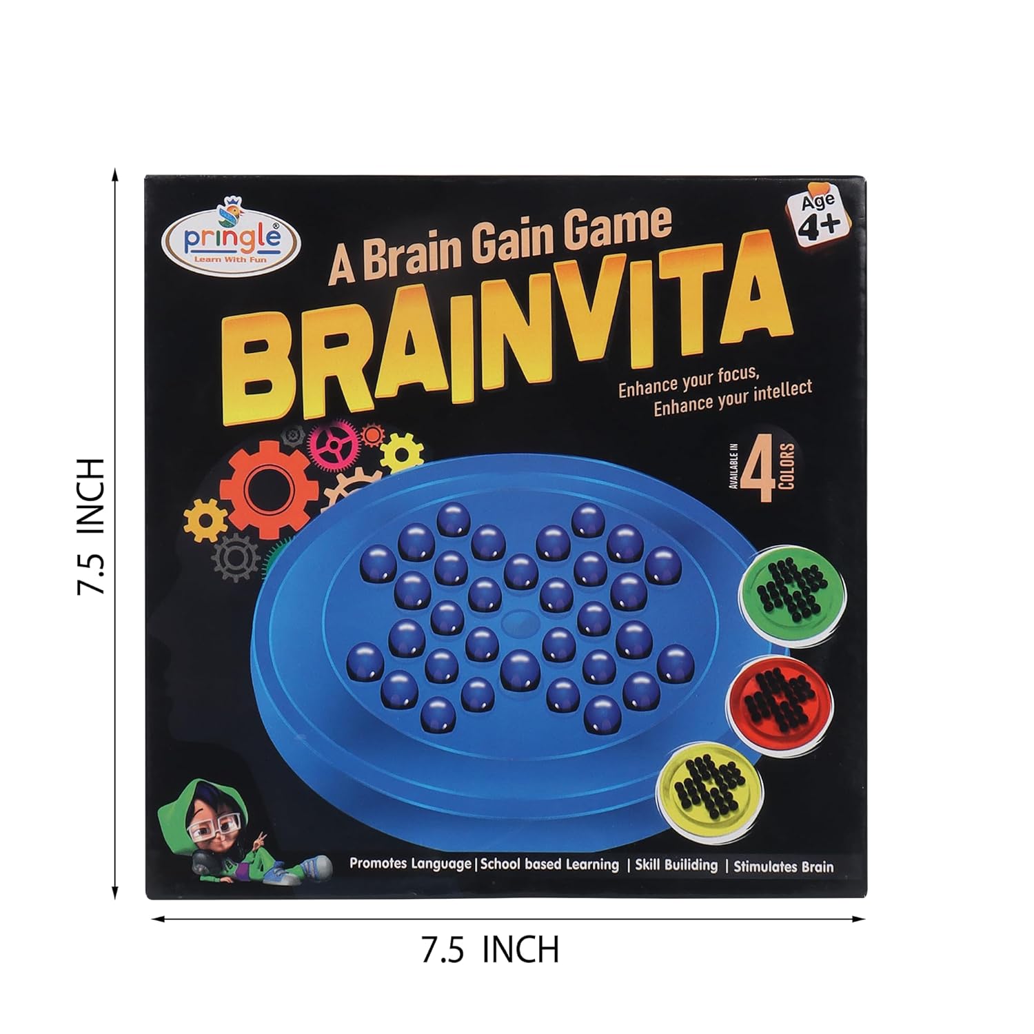 Box of BRAINVITA, a brain gain game by Pringle, with dimensions indicated.