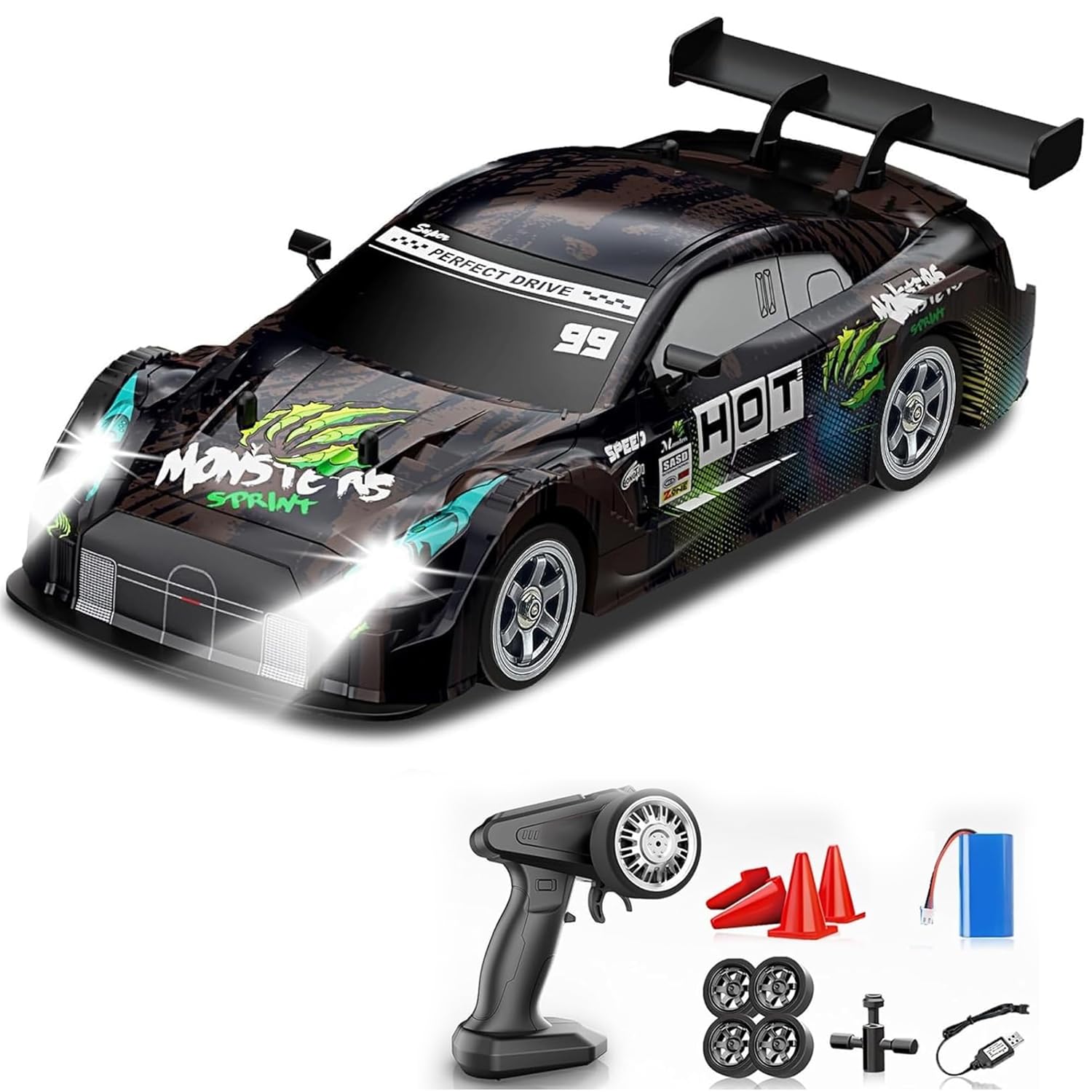 Black toy race car with remote control and accessories on a white background