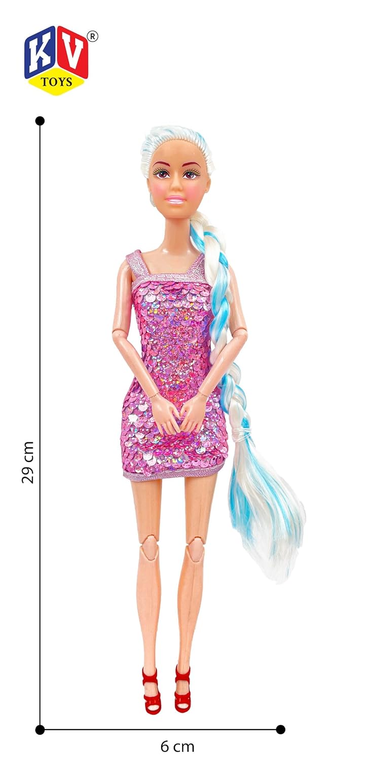Toy doll with a pink dress and blue hair, standing next to a measurement chart on a white background.