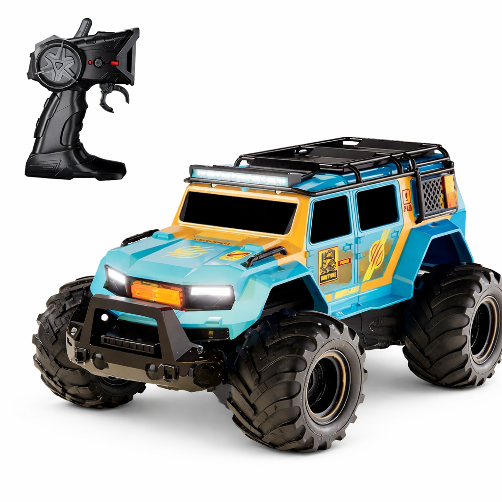 Toy monster truck with large wheels and a remote control on a white background