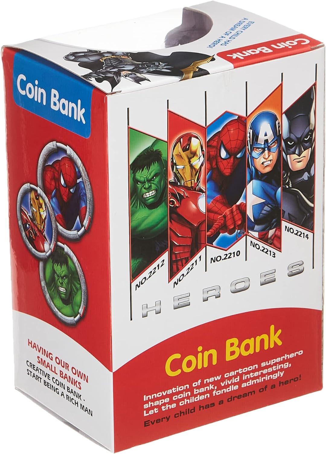 Coin bank packaging with superhero designs on a white background