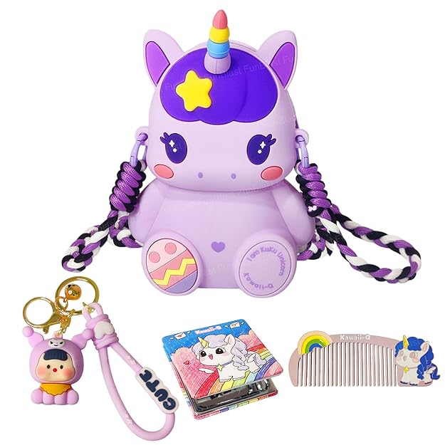Purple unicorn toy with accessories on a white background