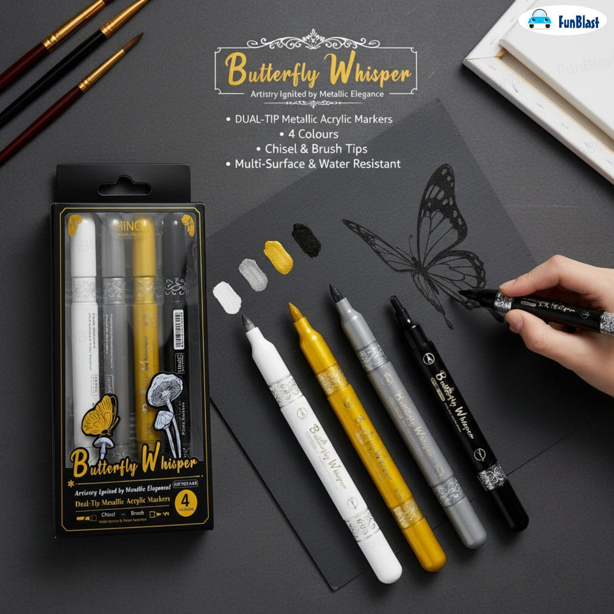 butterfly-whisper-metallic-acrylic-markers-set-4-colors-dual-tip-white-gold-silver-black motumal
