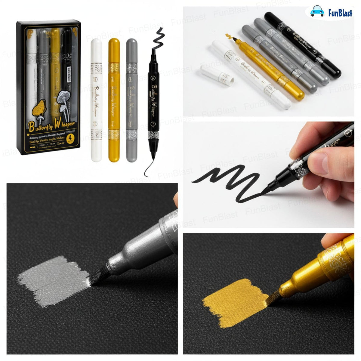 butterfly-whisper-metallic-acrylic-markers-set-4-colors-dual-tip-white-gold-silver-black