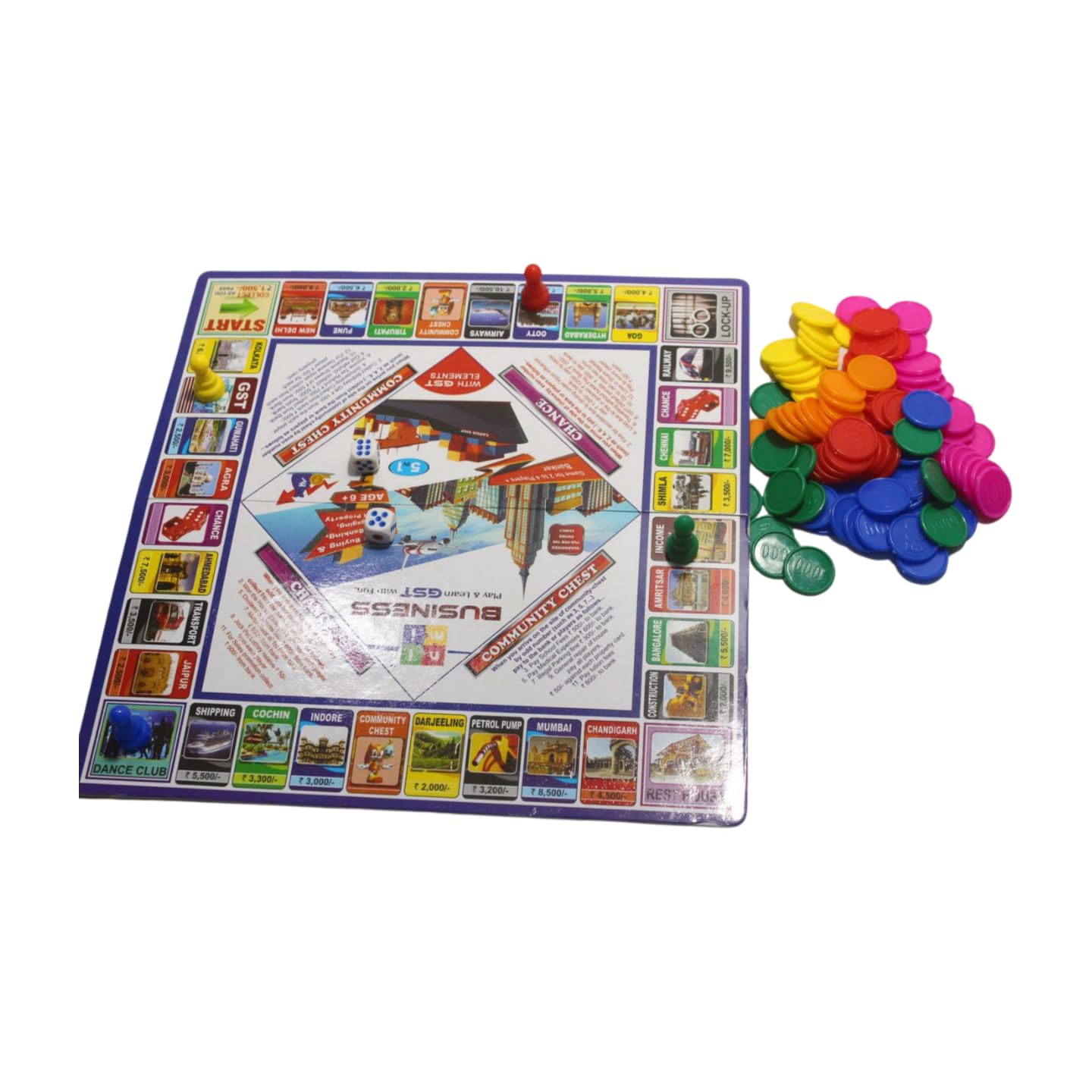 Board game with colorful chips on a white background
