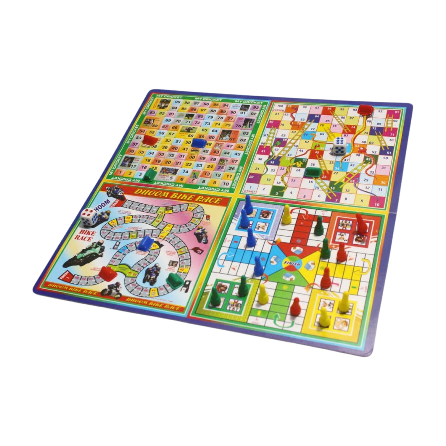 Colorful board game with various sections and pieces on a white background
