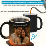 Personalized magic mug with a couple's photo and text, shown with coffee being poured.