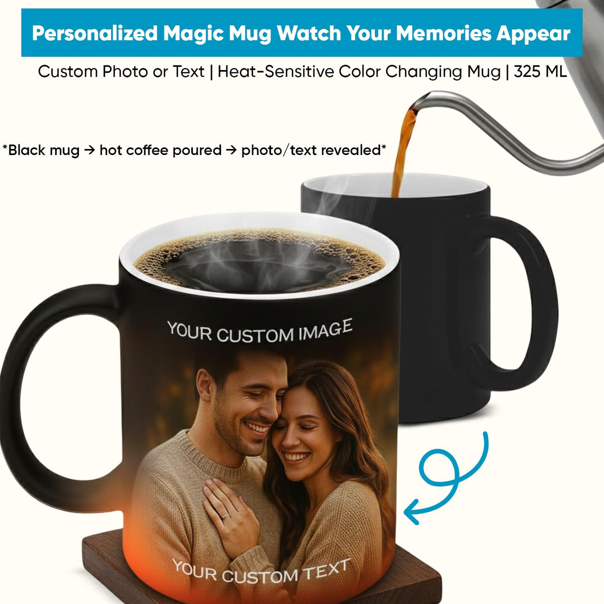 Personalized magic mug with a couple's photo and text, shown with coffee being poured.