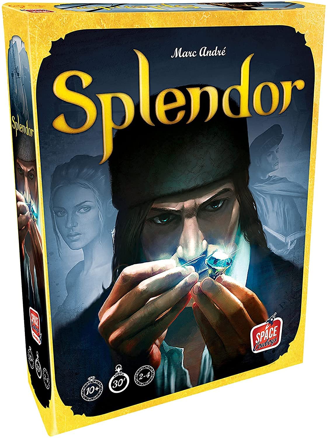 Board game box for 'Splendor' with a person holding a glowing gemstone.