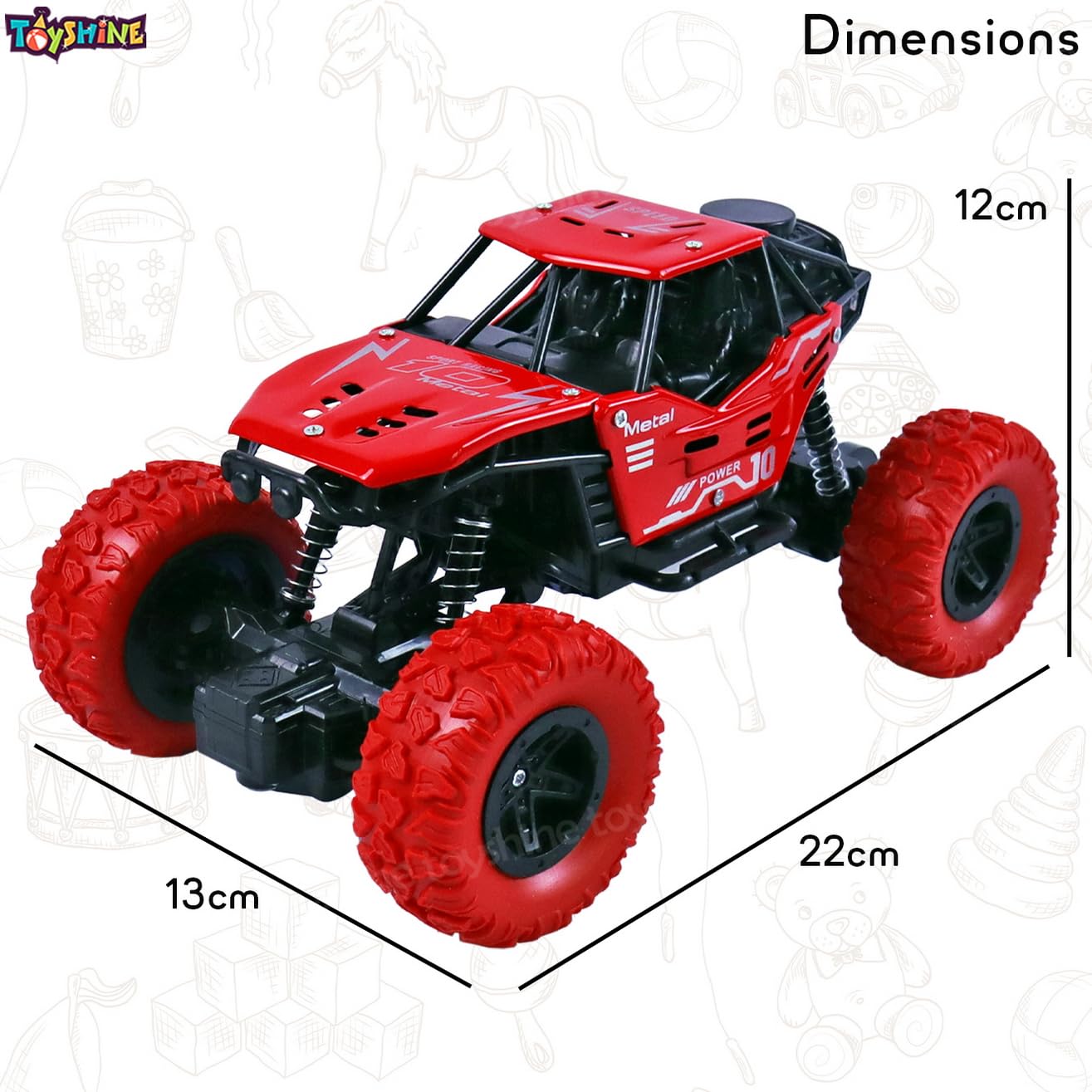 Red toy off-road vehicle with dimensions labeled on a white background