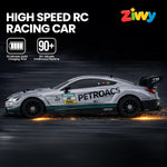 High-speed RC racing car with Zivvy branding on a dark background