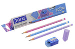 Set of colored pencils with a sharpening tool and eraser on a white background