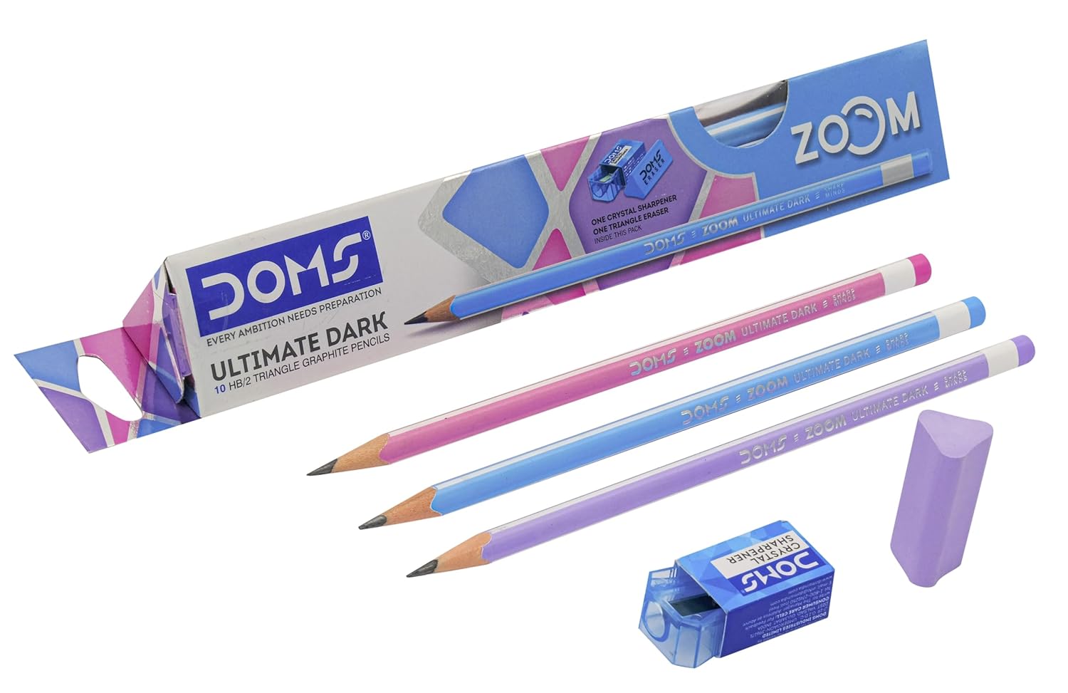 Set of colored pencils with a sharpening tool and eraser on a white background