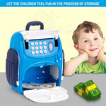 Blue toy cash register with a child and money toys on a gray surface